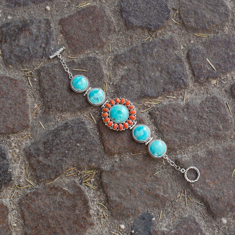 7.5" Reconstituted Turquoise and Coral Sunburst Toggle Bracelet