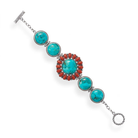 7.5" Reconstituted Turquoise and Coral Sunburst Toggle Bracelet