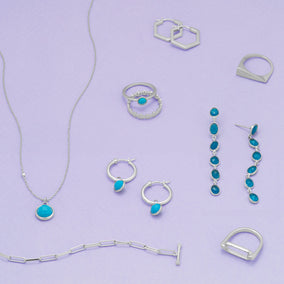 Rhodium Plated Hoop Earrings with Faceted Turquoise Charm