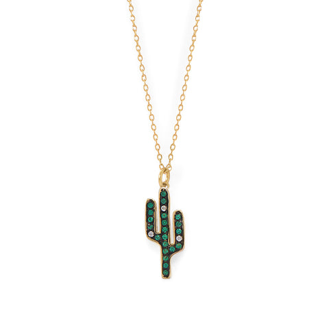 14 Karat Gold Plated CZ Saguaro Cactus Charm Necklace