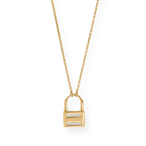 16" + 2" 14 Karat Gold Plated CZ Lock Necklace