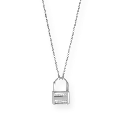 16" + 2" Rhodium Plated CZ Lock Necklace