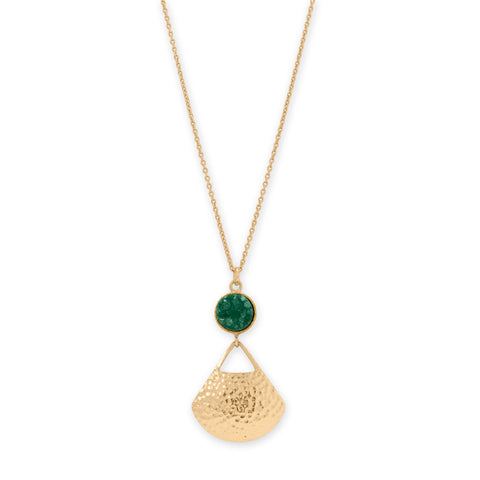 18" + 1" + 1" 14 Karat Gold Plated Green Druzy and Fan Necklace