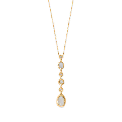 16" + 2" 14 Karat Gold Plated CZ and Rainbow Moonstone Drop Necklace