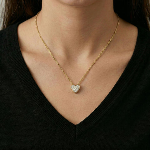 16" + 2" 14 Karat Gold Plated Pave CZ Heart "MOM" Necklace