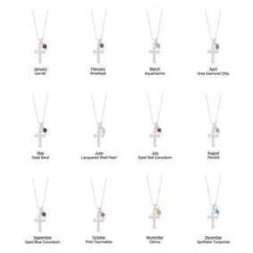 16" Birthstone and Ornate Cross Charm Necklace (All Months)