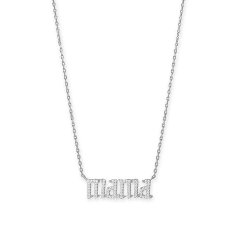 16" + 2" Rhodium Plated CZ "mama" Necklace