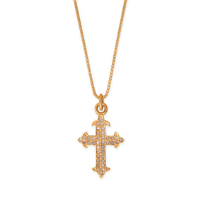 18" 14 Karat Gold Plated Diamond Studded Ornate Cross Necklace