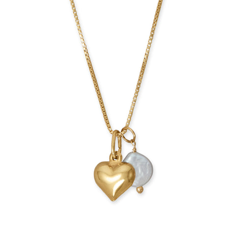 18" 14 Karat Gold Plated Puffy Heart and Cultured Freshwater Coin Pearl Necklace