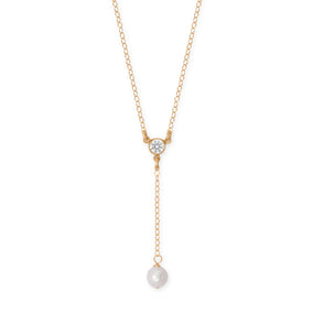 16" + 2" 14/20 Gold Filled CZ and Pearl Y Drop Necklace