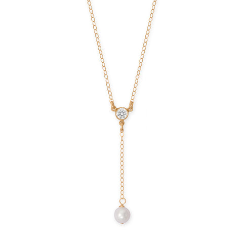 16" + 2" 14/20 Gold Filled CZ and Pearl Y Drop Necklace