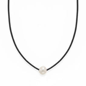 16" Black Leather and Floating Cultured Freshwater Pearl Necklace