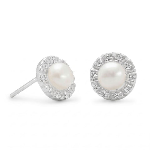 Cultured Freshwater Pearl and CZ Earrings