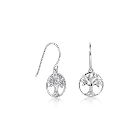 Rhodium Plated CZ Tree of Life Earrings