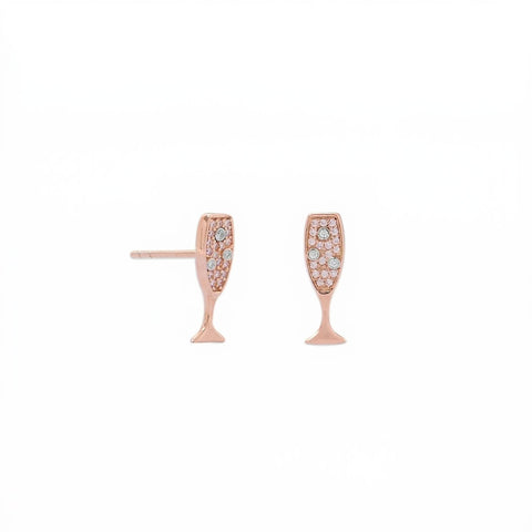 14 Karat Rose Gold Plated CZ Champagne Glass Stud Earrings
