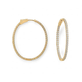 14 Karat Gold Plated Oval In/Out CZ Hoop Earrings