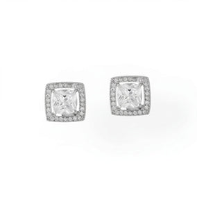 Rhodium Plated Square CZ with Halo Stud Earrings