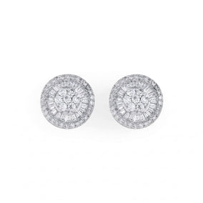Rhodium Plated Round Baguette CZ Post Earrings