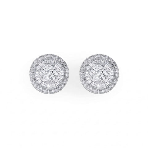 Rhodium Plated Round Baguette CZ Post Earrings