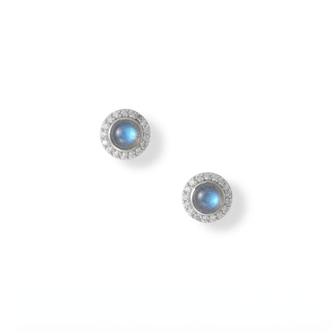 Luxe Labradorite! Rhodium Plated Labradorite and CZ Halo Stud Earrings