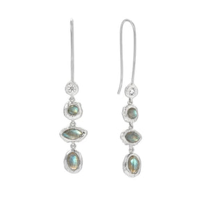 Rhodium Plated Hammered CZ and Labradorite Earrings