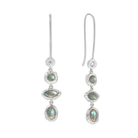 Rhodium Plated Hammered CZ and Labradorite Earrings
