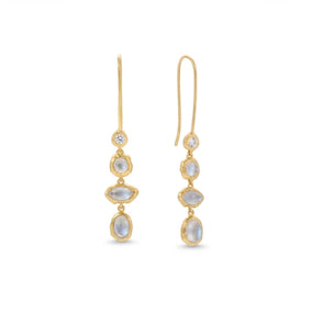 14 Karat Gold Plated Hammered CZ and Rainbow Moonstone Earrings