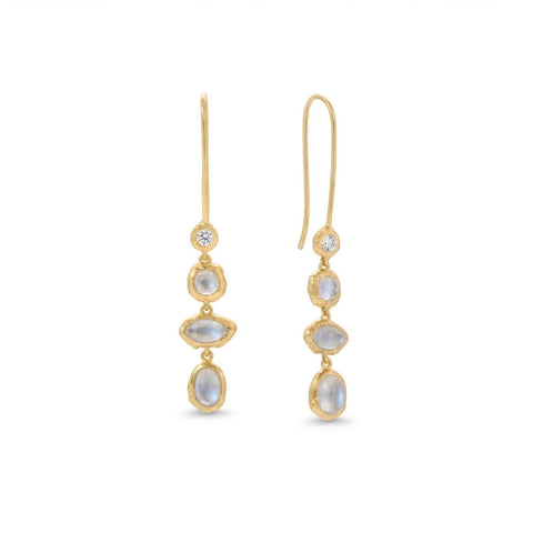 14 Karat Gold Plated Hammered CZ and Rainbow Moonstone Earrings