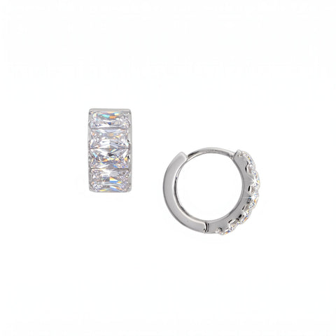 Rhodium Plated Baguette CZ Chunky Hoop Earrings