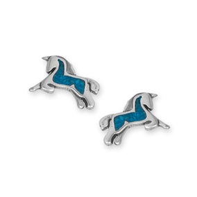 Oxidized Turquoise Chip Inlay Prancing Unicorn Stud Earrings
