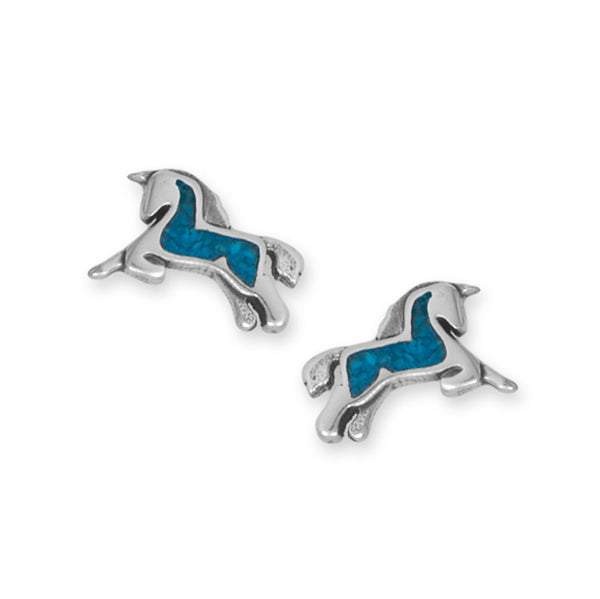 Prancing Unicorn Earrings with Turquoise Chip Inlay Sterling Silver - Made in the USA Prancing Unicorn Earrings with Turquoise Chip Inlay Sterling Silver - Made in the USA