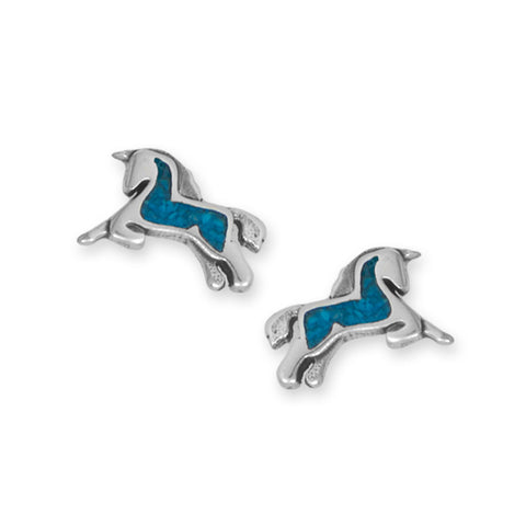 Oxidized Turquoise Chip Inlay Prancing Unicorn Earrings