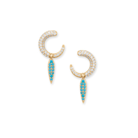 14 Karat Gold Plated Synthetic Turquoise and CZ Crescent Drop Earrings