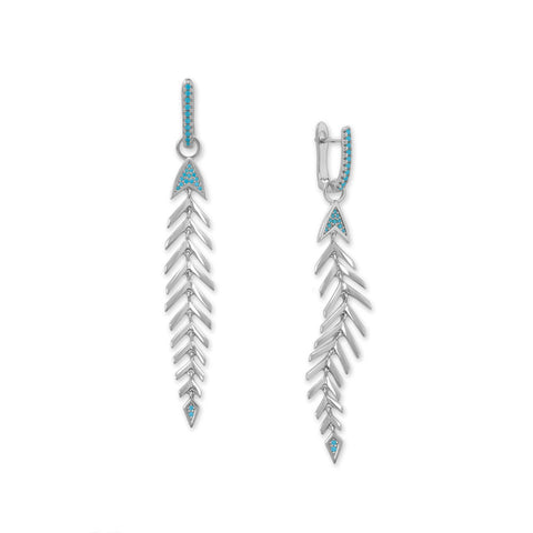 Rhodium Plated Synthetic Turquoise Fishbone Hoop Earrings