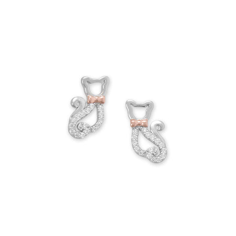 Two Tone CZ Decorated Bow Tie Kitty Cat Earrings