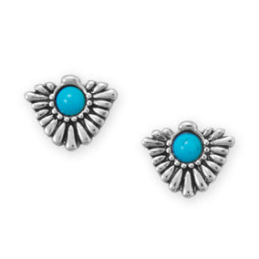 Rhodium Plated Oxidized Fan with Imitation Turquoise Stud Earrings