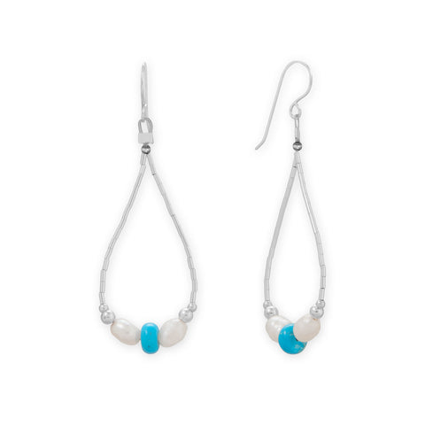 Cultured Freshwater Pearl and Turquoise Liquid Silver Pear Outline Earrings