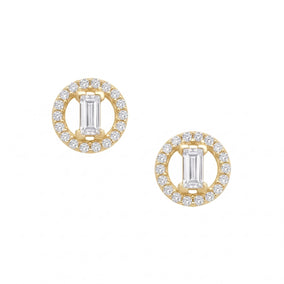 14 Karat Gold Plated Baguette and Halo CZ Stud Earrings