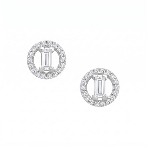 Rhodium Plated Baguette and Halo CZ Stud Earrings