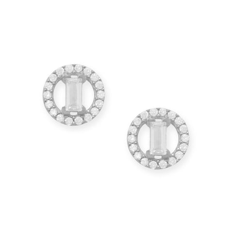 Rhodium Plated Baguette and Halo CZ Stud Earrings