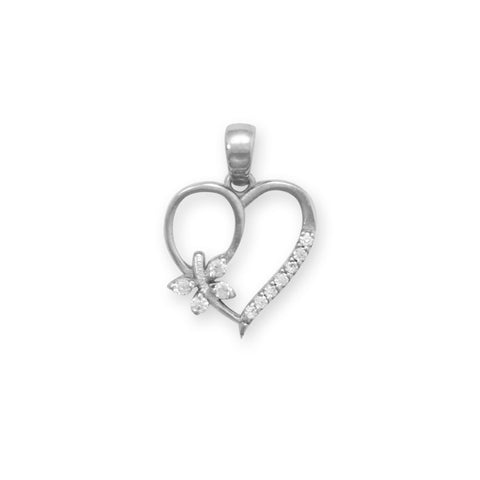 Rhodium Plated CZ Heart and Butterfly Pendant