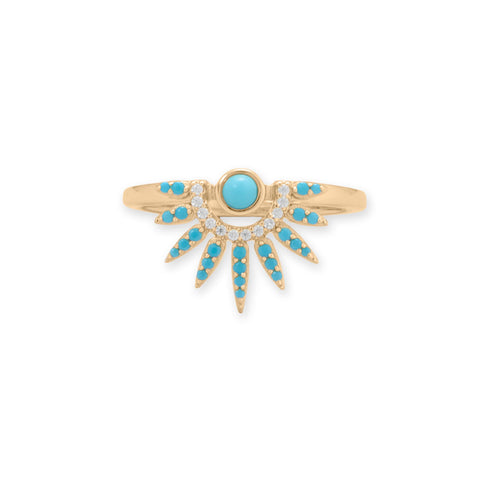 14 Karat Gold Plated Synthetic Turquoise and CZ Spike Ring
