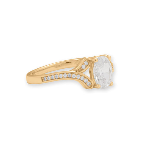 14 Karat Gold Plated Solitaire Oval Ring with CZ Band