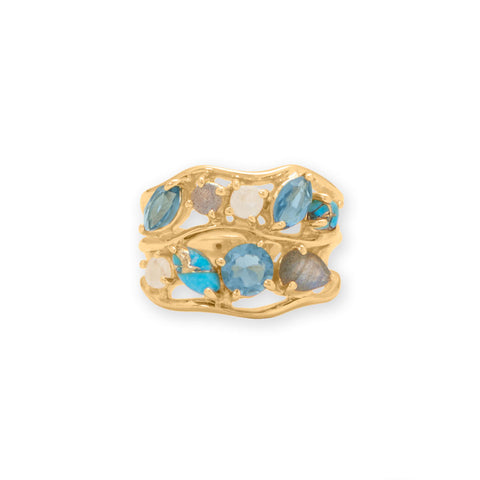 14 Karat Gold Plated Blue Multi Stone Cluster Ring