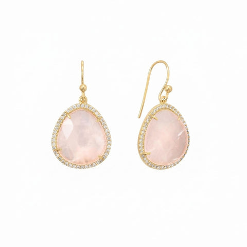 14 Karat Gold Plated Rose Quartz and Halo CZ Earrings