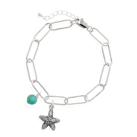 6.5" + 1" Rhodium Plated Amazonite and Starfish Bracelet