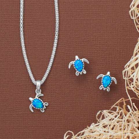 Oxidized Synthetic Blue Opal Sea Turtle Stud Earrings