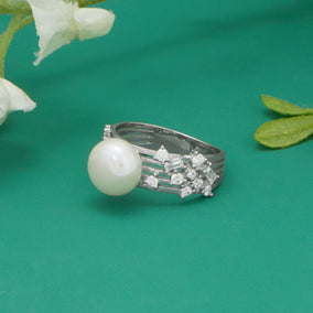 Rhodium Plated Cultured Freshwater Pearl and Cluster CZ Cocktail Ring