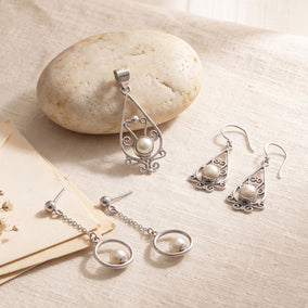 Polished Pearls! Sterling Silver 3 Piece Jewelry Set