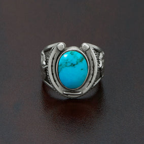 Oxidized Turquoise Horseshoe Ring with Horse Design